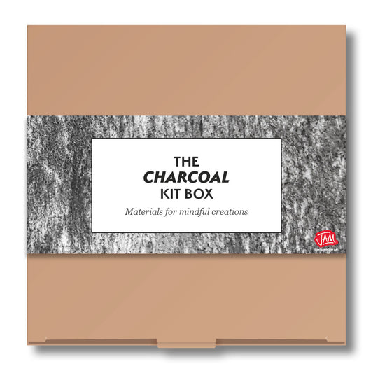 Charcoal art set with 'The Charcoal Kit Box' label and JAM logo on a white background