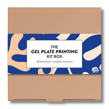 Gel plate printing kit box with abstract design and text on a white background