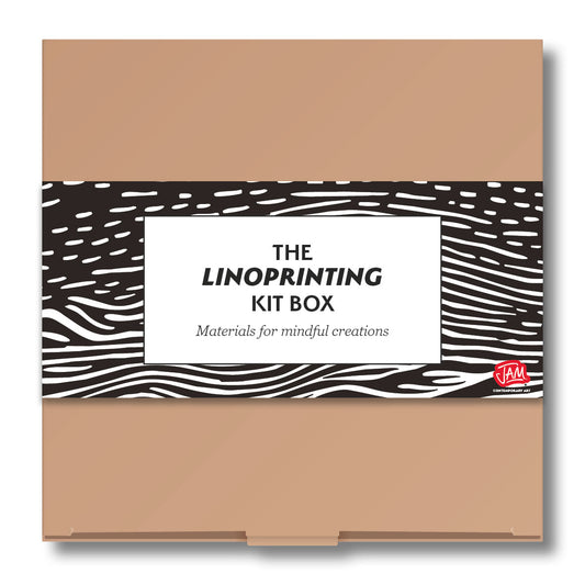 Complete Linoprinting set with linocut pattern and text on a white background