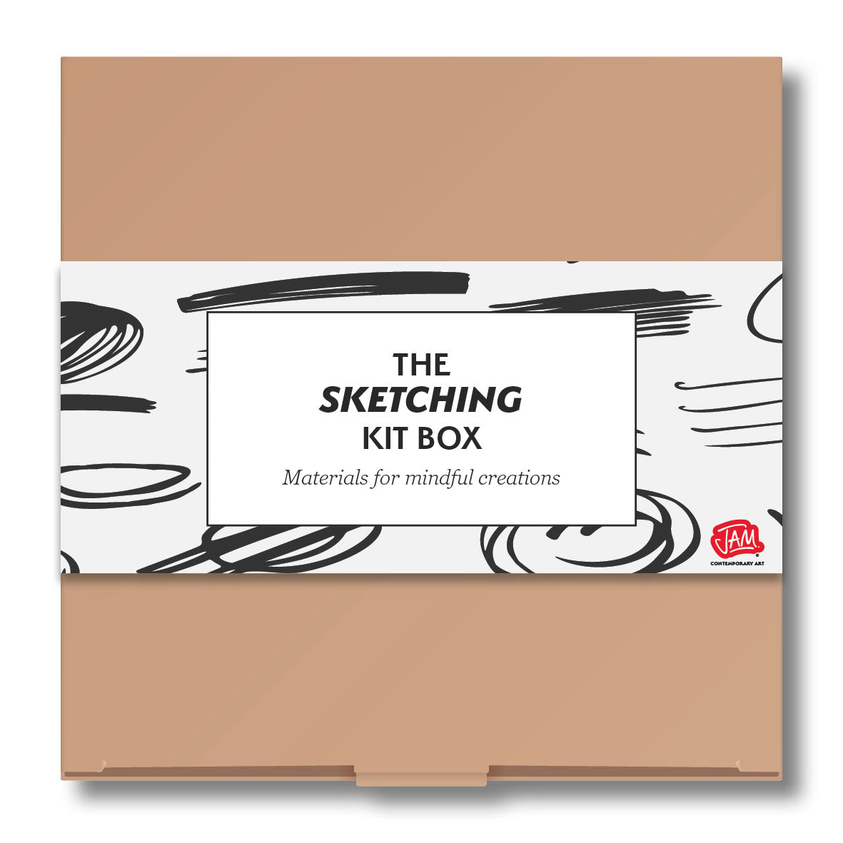 Sketching kit set with brown lid and white label featuring black text and abstract designs.