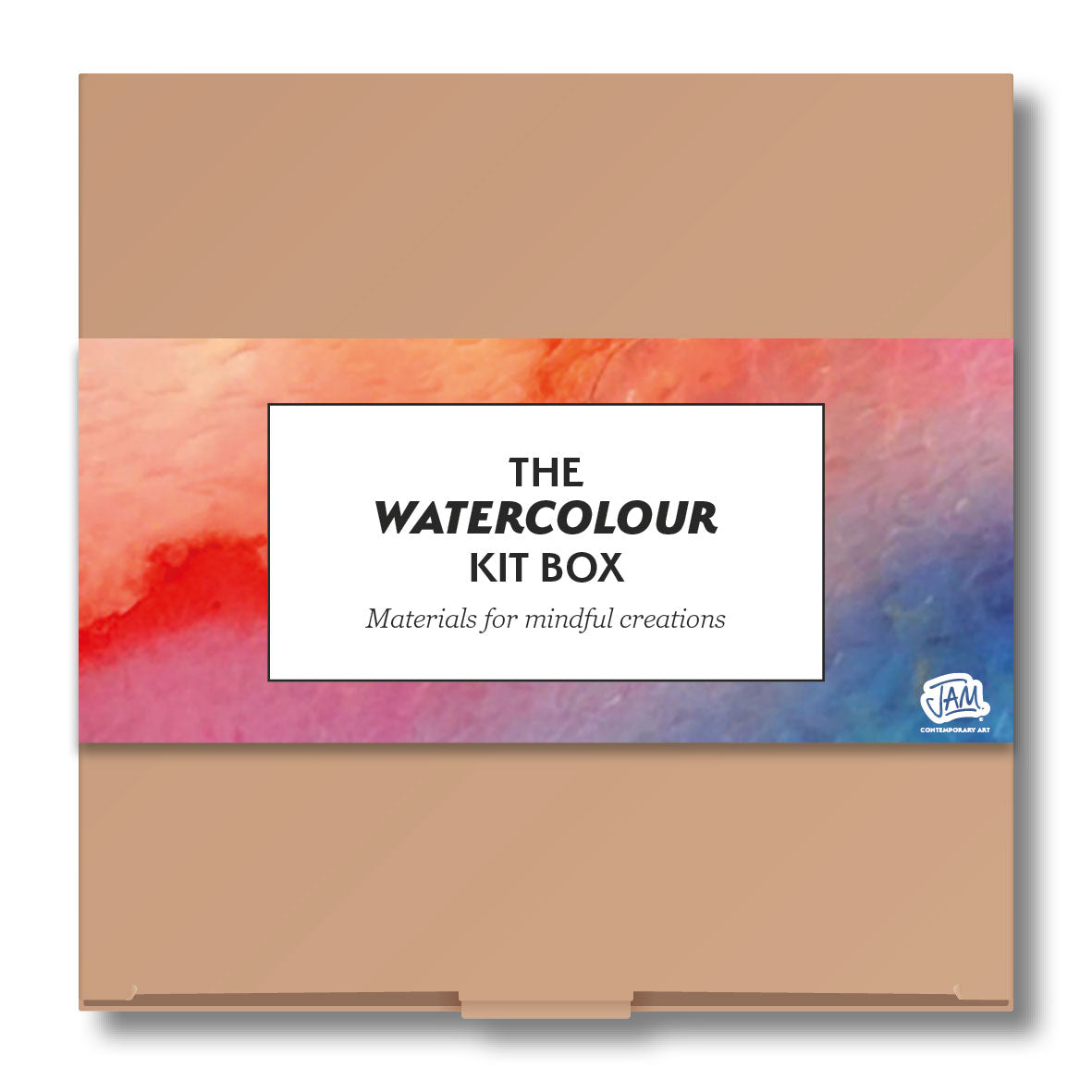 Watercolour painting set with colourful watercolour design on a beige background