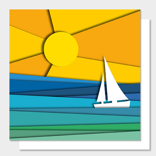 Greetings cards featuring a sailboat on a stylised ocean with a sun in the background