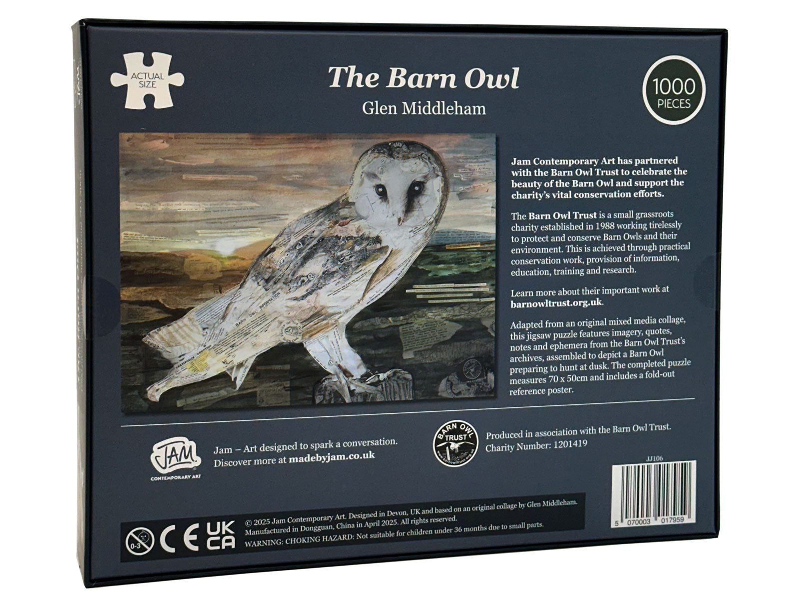 Jigsaw puzzle box base featuring a barn owl art collage produced by Jam Contemporary Art and the Barn Owl Trust