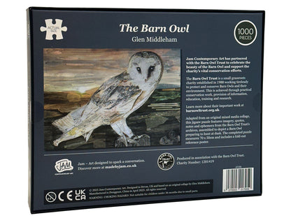 Jigsaw puzzle box base featuring a barn owl art collage produced by Jam Contemporary Art and the Barn Owl Trust