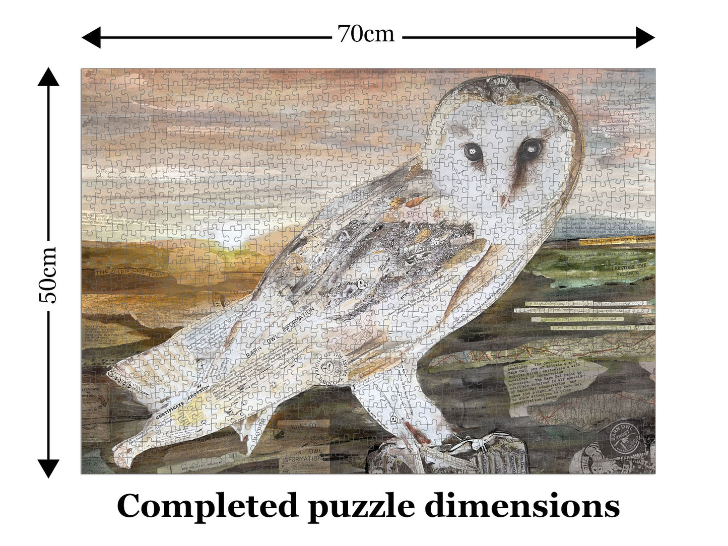 Dimensions of The Barn Owl jigsaw puzzle by Glen Middleham produced by Jam Contemporary Art and the Barn Owl Trust