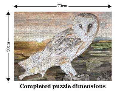 Dimensions of The Barn Owl jigsaw puzzle by Glen Middleham produced by Jam Contemporary Art and the Barn Owl Trust