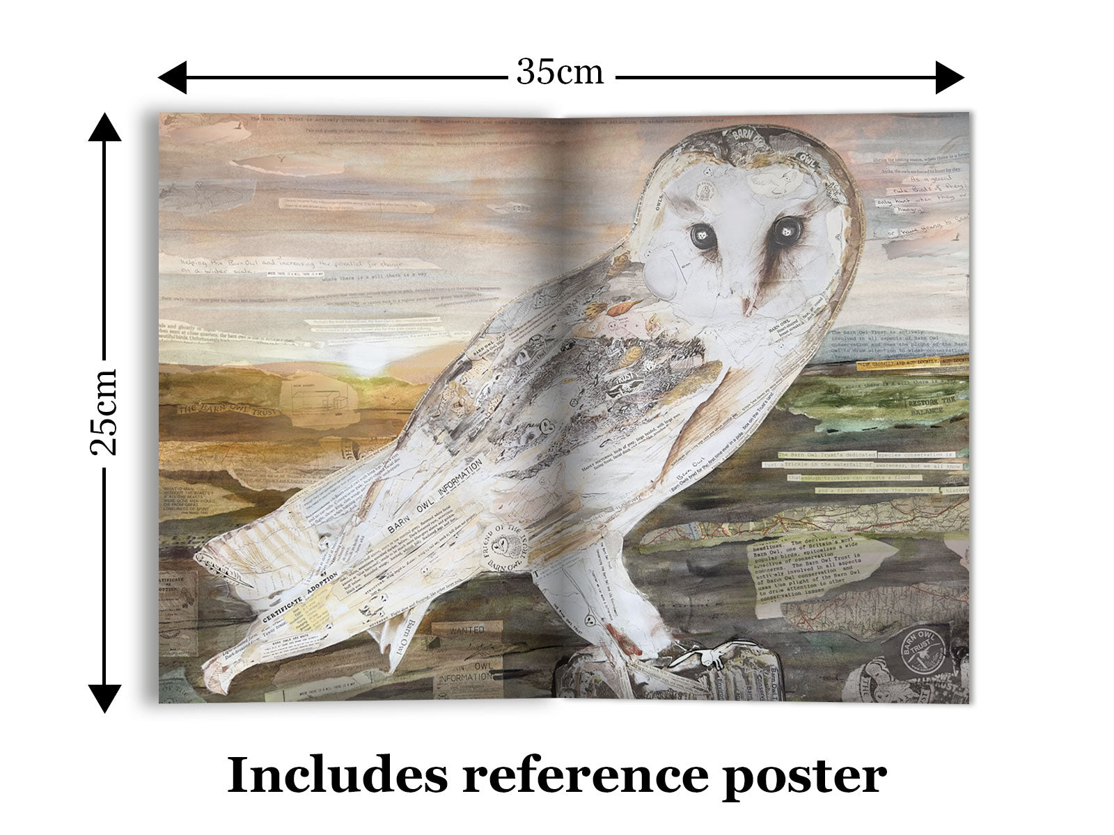 Dimensions of reference poster including in The Barn Owl jigsaw puzzle by Glen Middleham produced by Jam Contemporary Art and the Barn Owl Trust