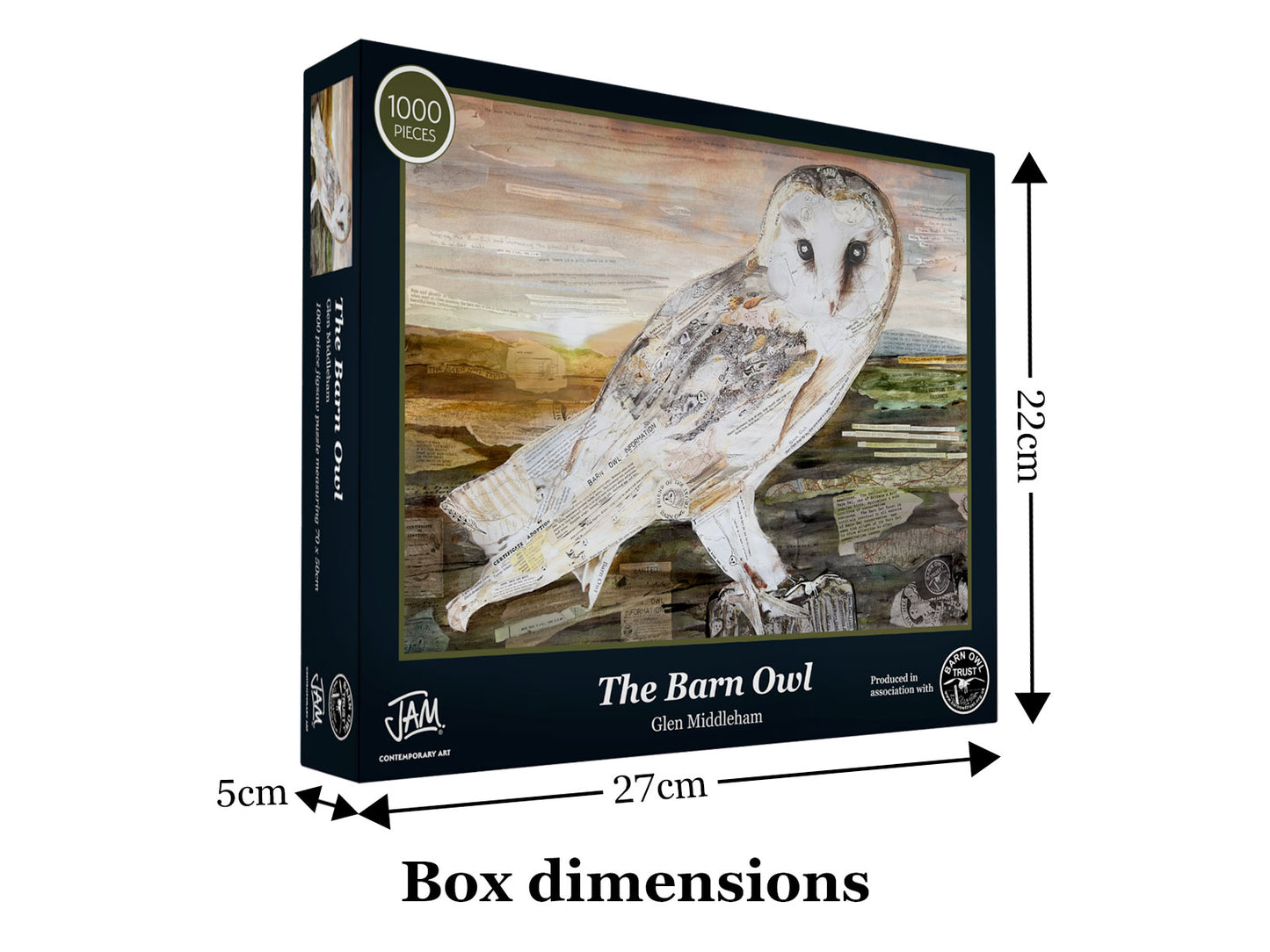 Dimensions of The Barn Owl jigsaw puzzle box by Glen Middleham produced by Jam Contemporary Art and the Barn Owl Trust
