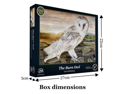 Dimensions of The Barn Owl jigsaw puzzle box by Glen Middleham produced by Jam Contemporary Art and the Barn Owl Trust