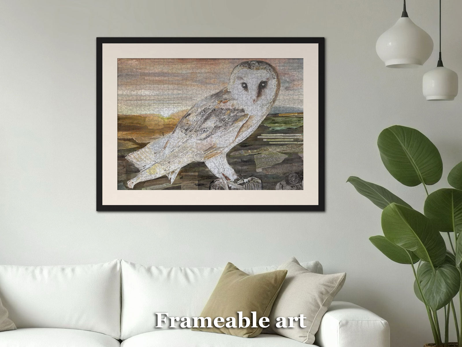 Framed completed jigsaw puzzle of The Barn Owl by Glen Middleham produced by Jam Contemporary Art and the Barn Owl Trust