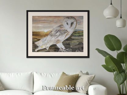 Framed completed jigsaw puzzle of The Barn Owl by Glen Middleham produced by Jam Contemporary Art and the Barn Owl Trust