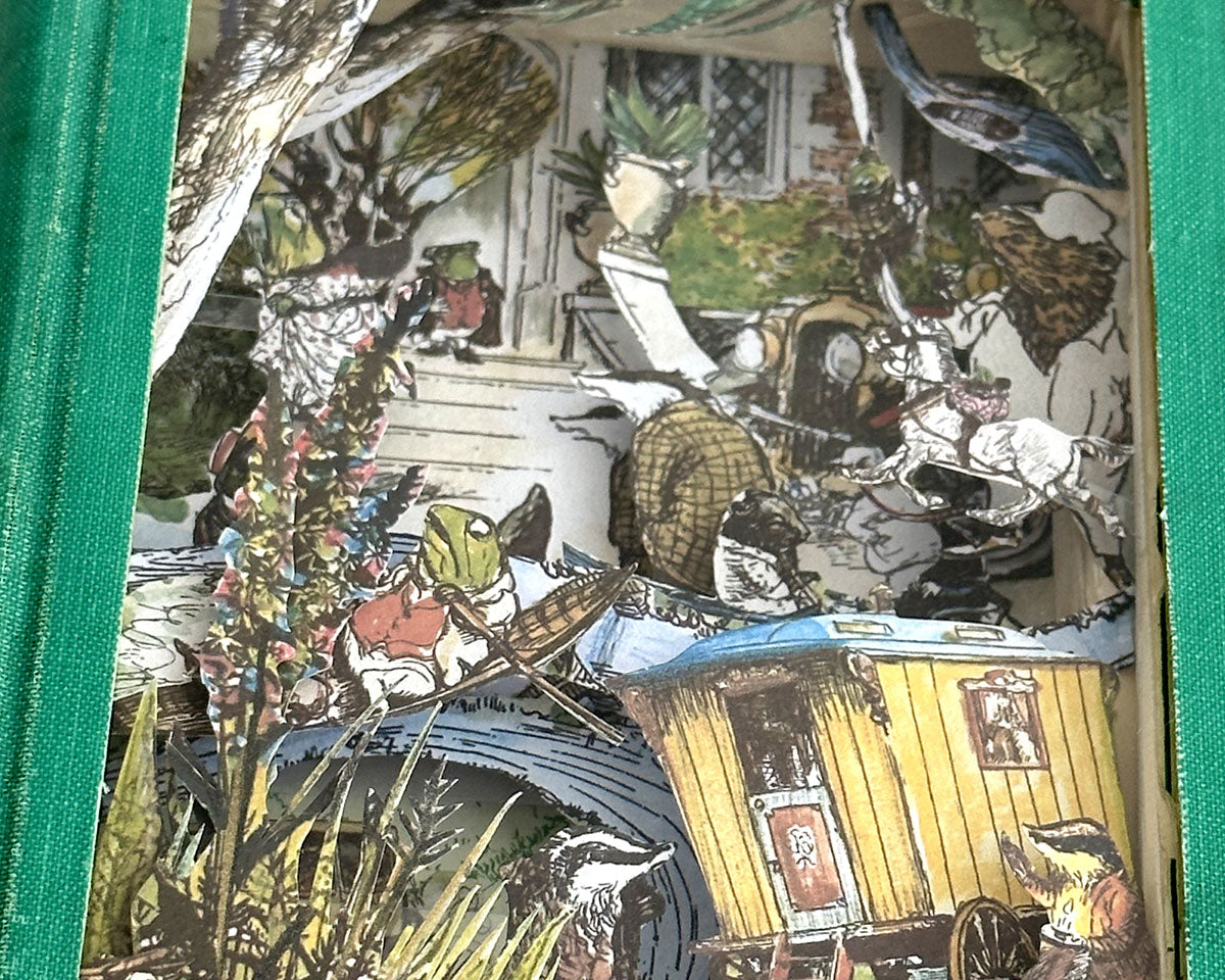 Detail of 'Wind in the Willows' vintage book papercut diorama by Glen Middleham