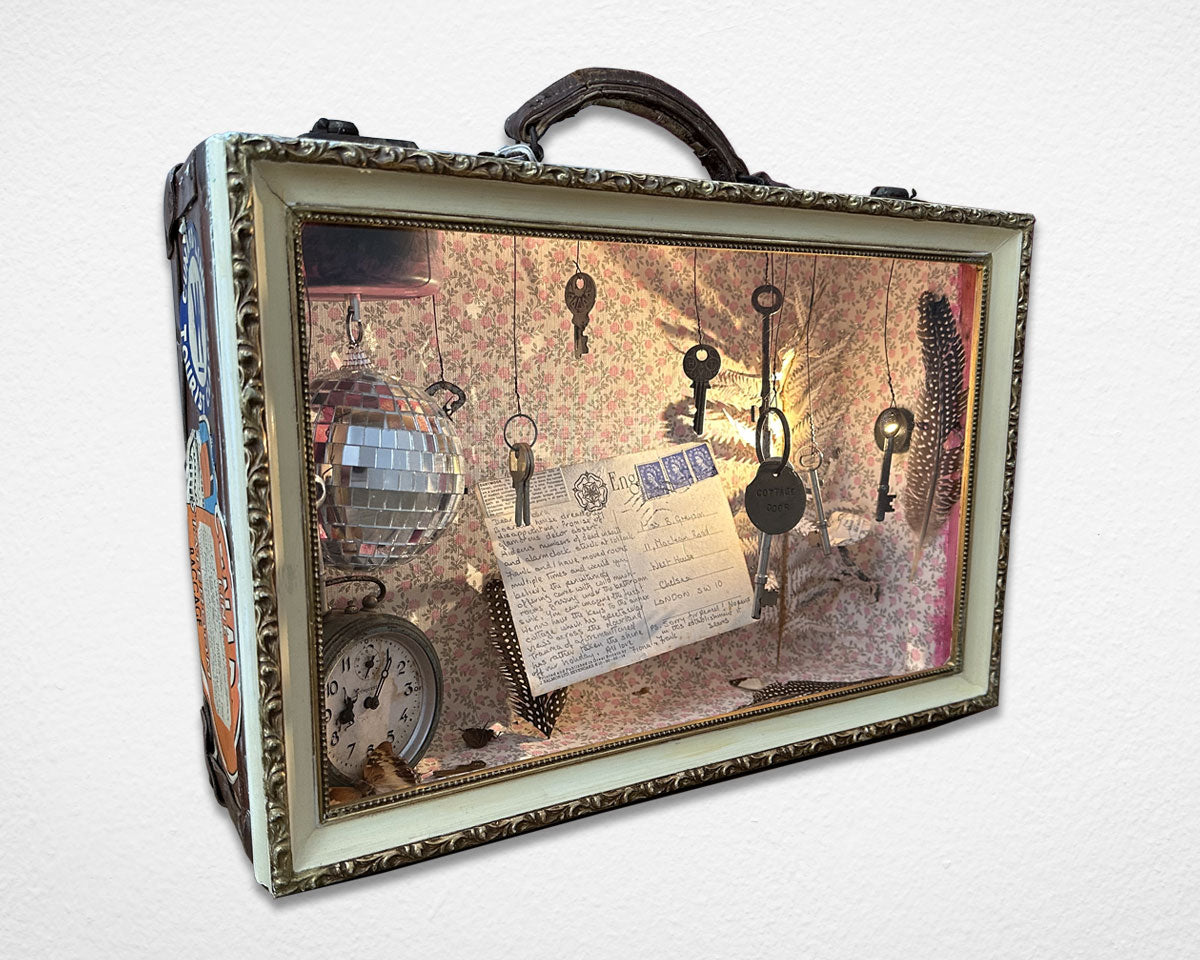 'Wish You Were Here' vintage holiday suitcase diorama by Glen Middleham